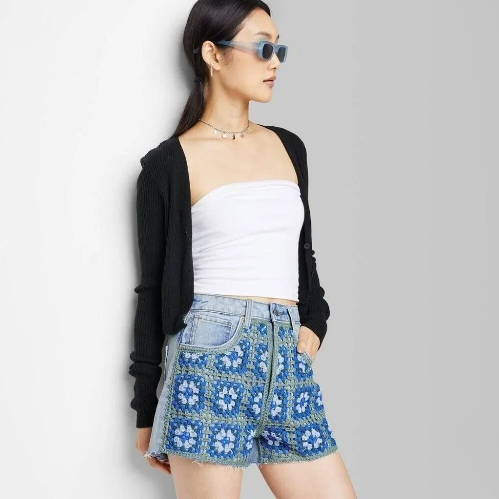 Wild Fable Shorts Blue Crochet Denim Highest Rise Cutoff Button Fly